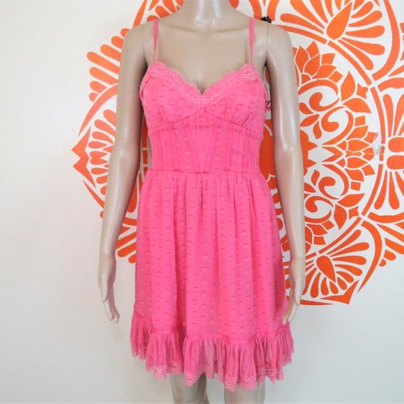 bebe Dresses & Skirts - Bebe Hot Pink Polka Dot Lace Dress M